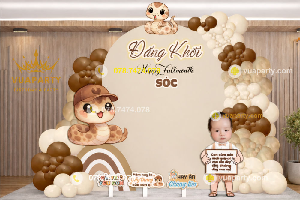 Mẫu trang trí đầy tháng bé tuổi rắn tone nâu đăng khôi – nhẹ nhàng, sang trọng v
