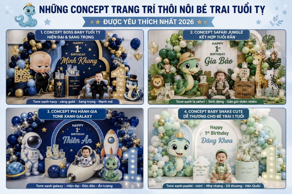 Trang trí thôi nôi bé trai tuổi tỵ tone xanh hot nhất 2026